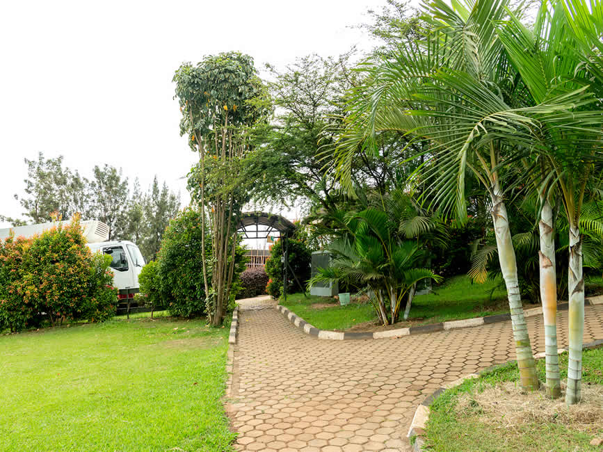 Tropical resort exterior at evening
